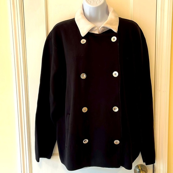 LRL Cotton Knit Double Breasted Jacket Women’s 3X Black White Pockets Preppy - Picture 1 of 16